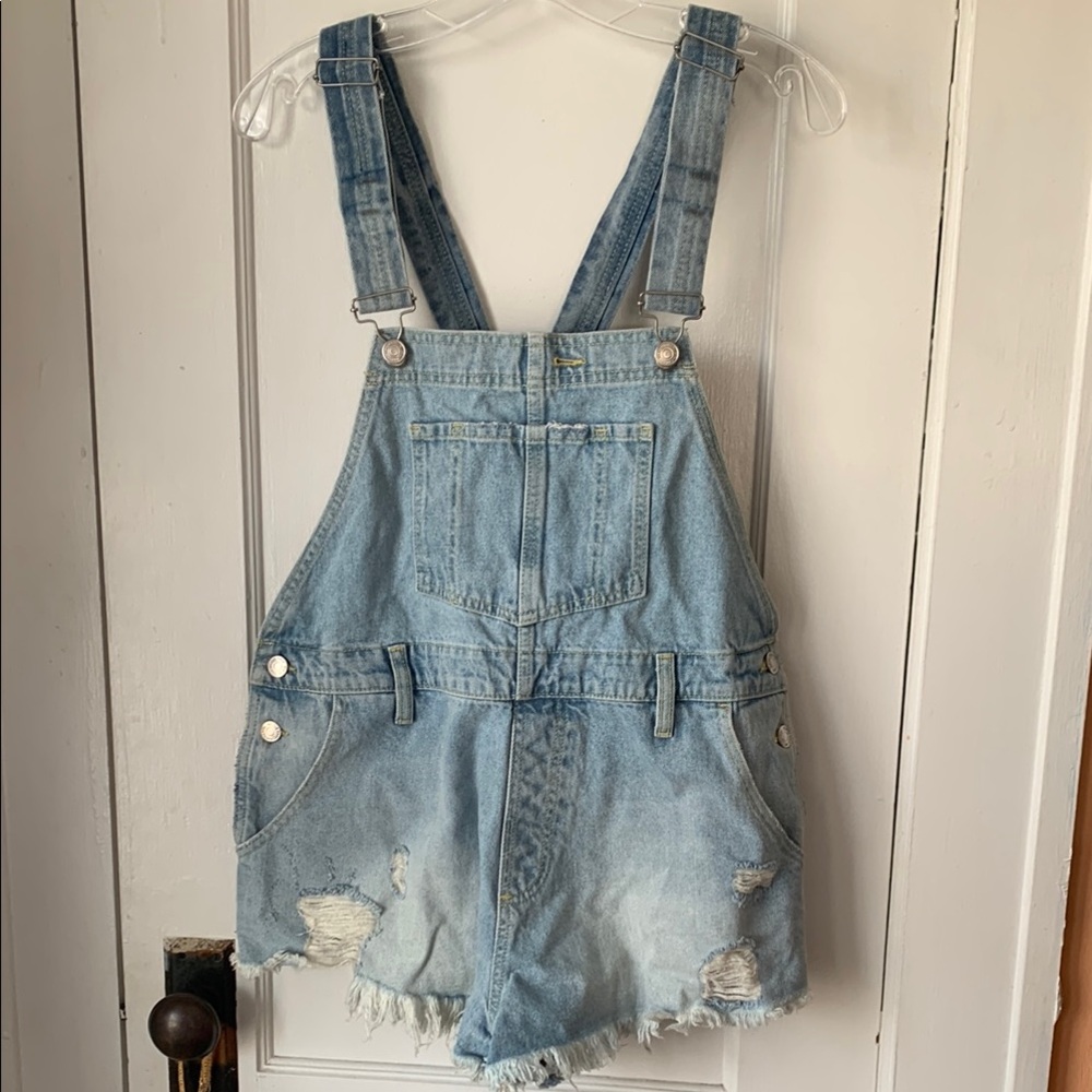 Free People Denim Distressed Overall Shorts